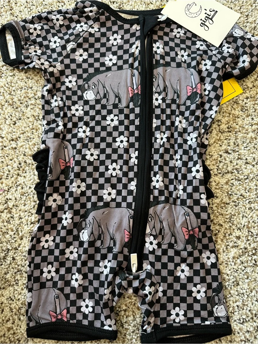 One-Piece Zip Bamboo Romper in Black & Gray Eeyore Print w/ Ruffle Butt